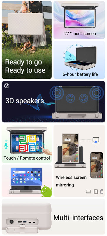 ELC PackGO Portátil de 27 polegadas Design de carteira tela sensível ao toque Sistema Android Smart TV Screen para acampamento
